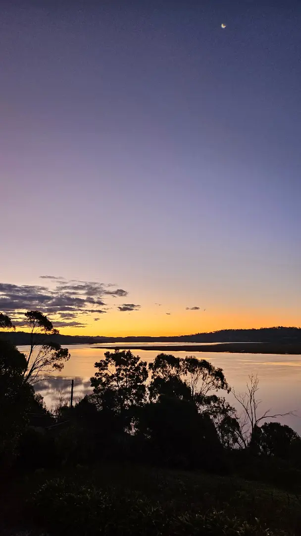 Serene sunset over tranquil lake with trees