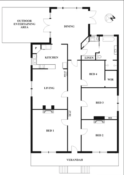 Four-bedroom house floor plan with outdoor area