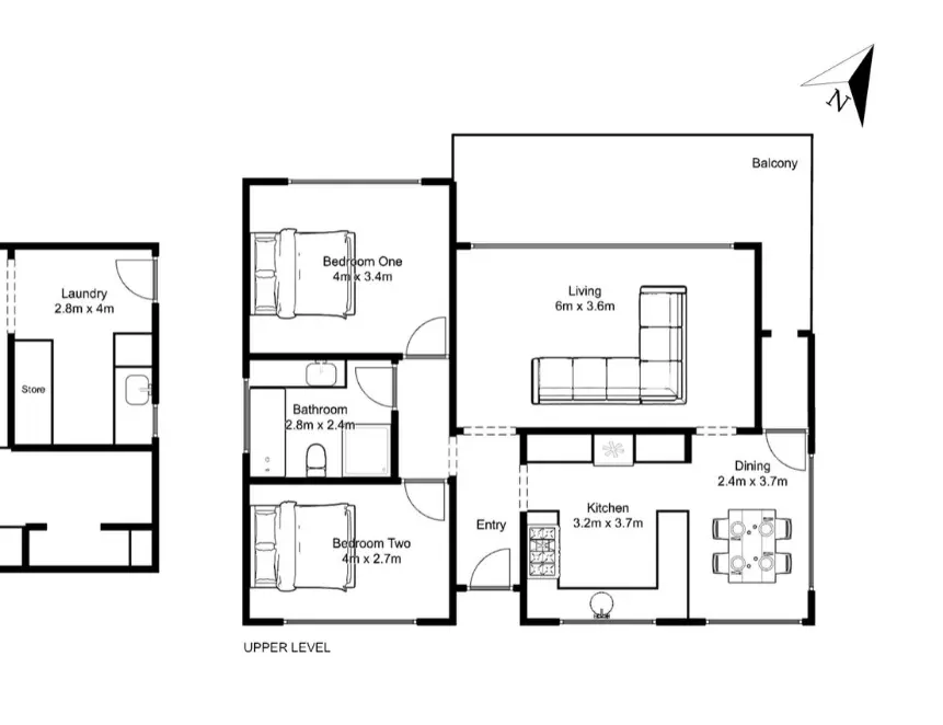Upper level floor plan with room dimensions.