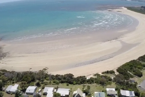 Aerial view of beach and coastal houses.