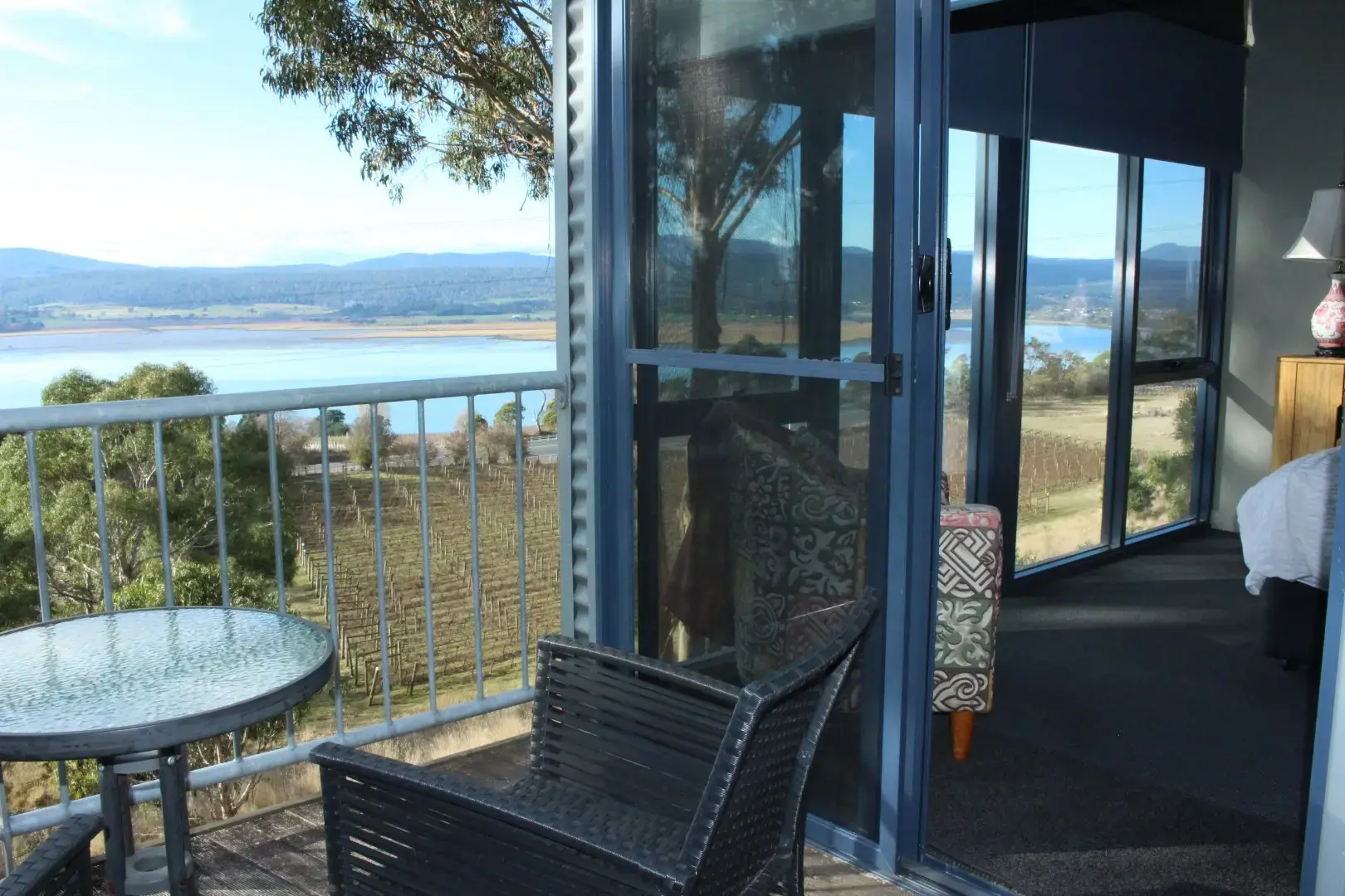 Balcony overlooking vineyard and river valley view