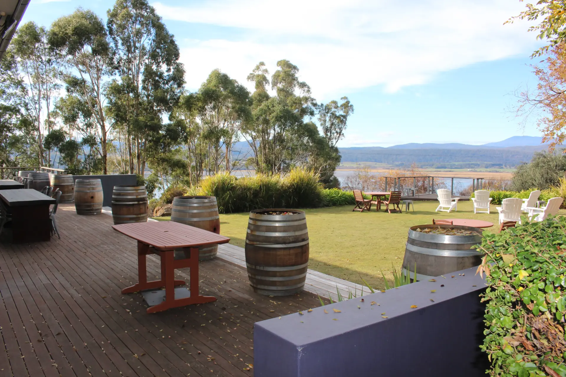Winery patio overlooking lake and rolling hills