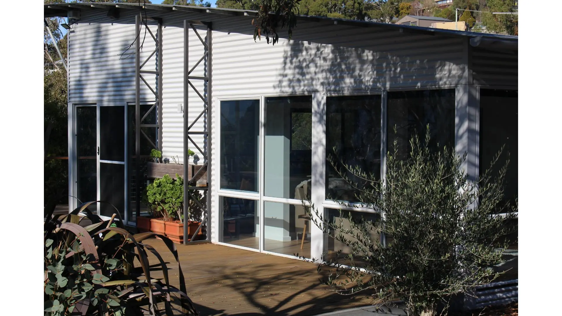 Modern house exterior with large windows and plants.