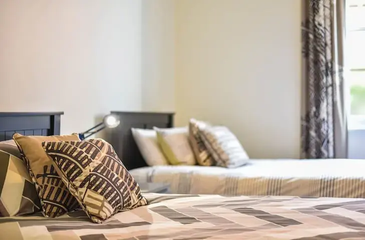 Two neatly made beds in modern hotel room