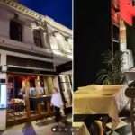 Restaurant exterior and interior dining area at night