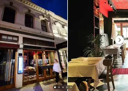 Restaurant exterior and interior dining area at night